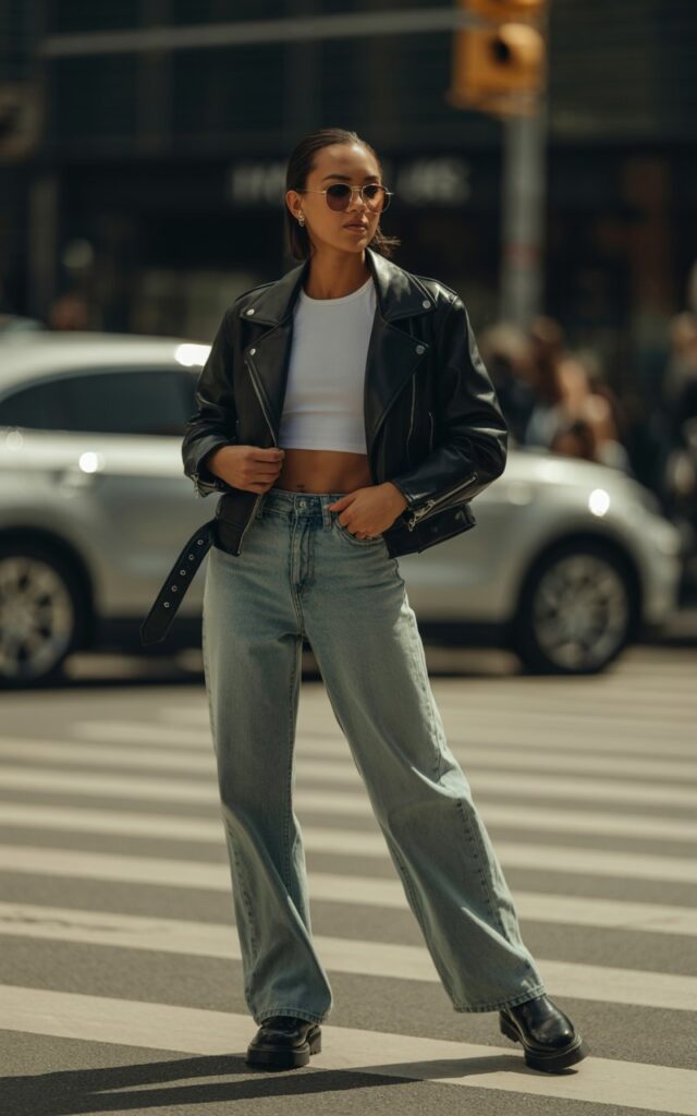 A model with sharp cheekbones rocks a black leather biker jacket over a white crop top and faded wide-leg jeans. Shot in natural daylight on an urban crosswalk, she’s mid-step, looking effortlessly cool. Black boots and aviator sunglasses finish the edgy styling.