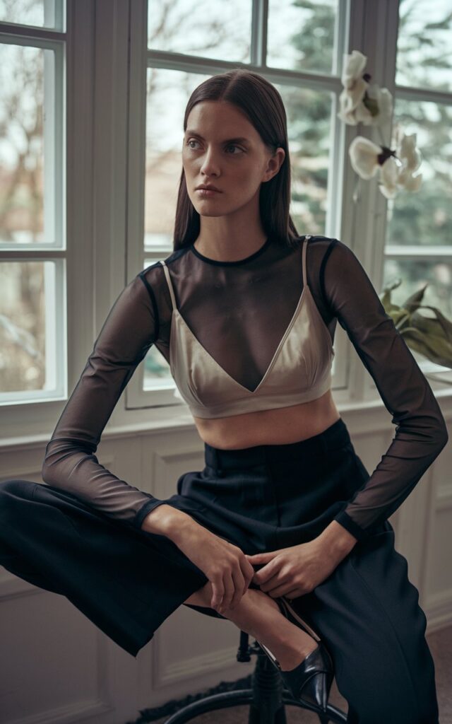 A moody editorial shot indoors near a window with soft daylight. The model wears a sheer black long-sleeve over a satin bralette, styled with tailored pants and heels. Expression sultry yet refined, hair sleek and straight.