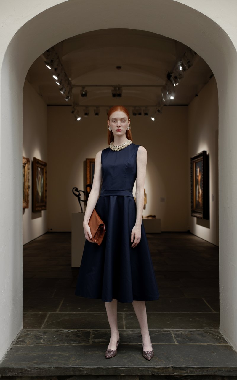 A pale-skinned redhead standing in an upscale art gallery, dressed in a navy A-line dress with pearl earrings and a matching necklace, holding a small leather clutch.