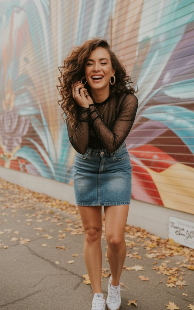 A playful brunette with loose curls stands in front of a colorful mural in natural daylight. She wears a medium-wash denim mini skirt with a fitted black sheer long-sleeve top, paired with sneakers and hoop earrings. Laughing while adjusting her hair, candid and carefree vibe.