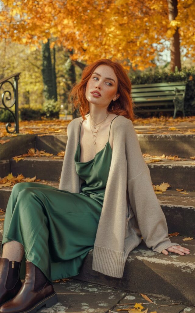 A red-haired model with freckles lounges on stone steps in a park during autumn. She wears a silky emerald slip dress under a cream oversized knit sweater, paired with ankle boots and delicate layered necklaces. Soft natural light filters through orange leaves. She’s seated casually, looking over her shoulder with a dreamy, natural smile.