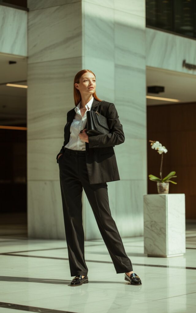 A red-haired model with sleek straight hair stands against a marble office lobby. She wears tailored black slacks, a crisp white button-up tucked in, loafers, and a structured handbag. Bright indoor lighting reflects from marble floors. She stands tall with a direct gaze, exuding minimal, timeless power.