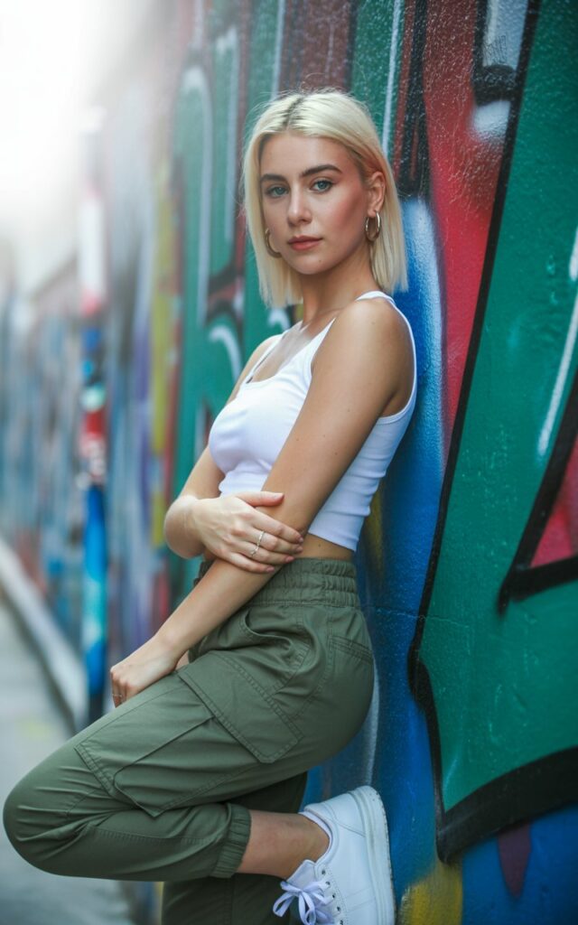 A sporty blonde with straight hair poses in front of graffiti walls. She wears olive green cargo pants styled with a fitted white tube top, sneakers, and small hoop earrings. Leaning casually against the wall, arms crossed, effortlessly cool street-style energy.