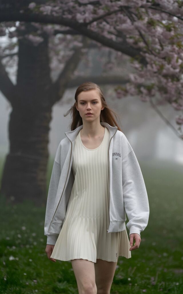 A striking model walks through a foggy London park in early spring, wearing a pleated white tennis dress under a pale gray zip-up sweatshirt. Cherry blossoms begin to bloom around her. The scene is soft, serene, and classically stylish with a vintage English vibe.