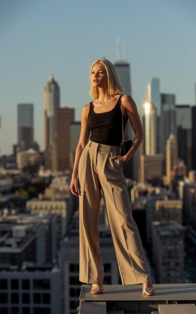 A tall blonde model poses on a rooftop with the city skyline behind her. She wears beige wide-leg trousers, a fitted black tank, strappy heels, and a chain-strap bag. Strong natural daylight emphasizes the sharp silhouette of the trousers. She stands with one leg slightly forward, head tilted back, exuding power and ease.