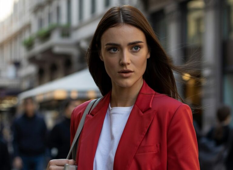 A tall brunette model with piercing blue eyes walking through Milan’s fashion district, wearing a vibrant red tailored blazer, white tee, and high-waisted denim, carrying a luxury leather tote, dramatic side lighting, modern power-woman vibe.