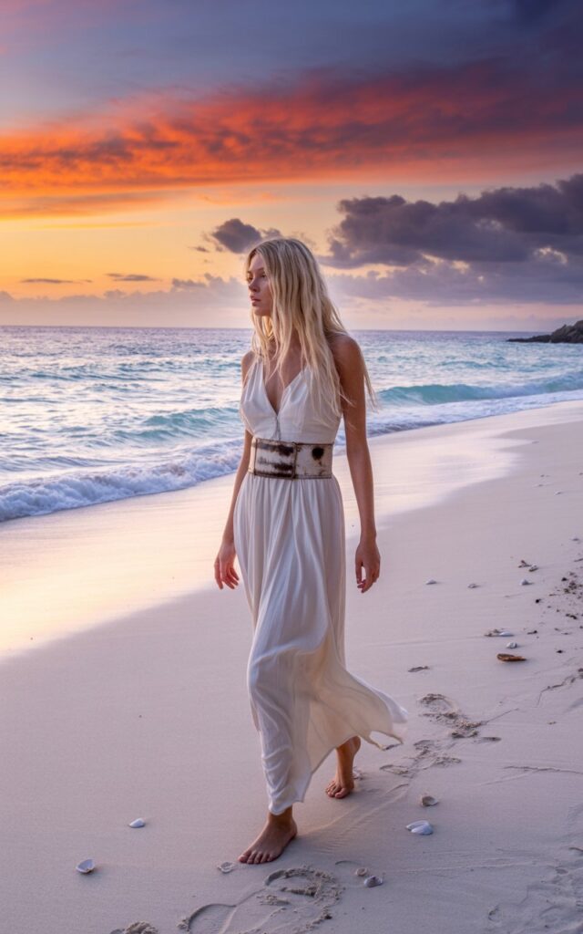 A tall, slender model with icy blonde hair walking barefoot along a white-sand beach in Ibiza, wearing a flowing ivory maxi dress cinched with a bold leather belt, wind catching the fabric, dramatic sunset sky, free-spirited yet luxurious vibe.