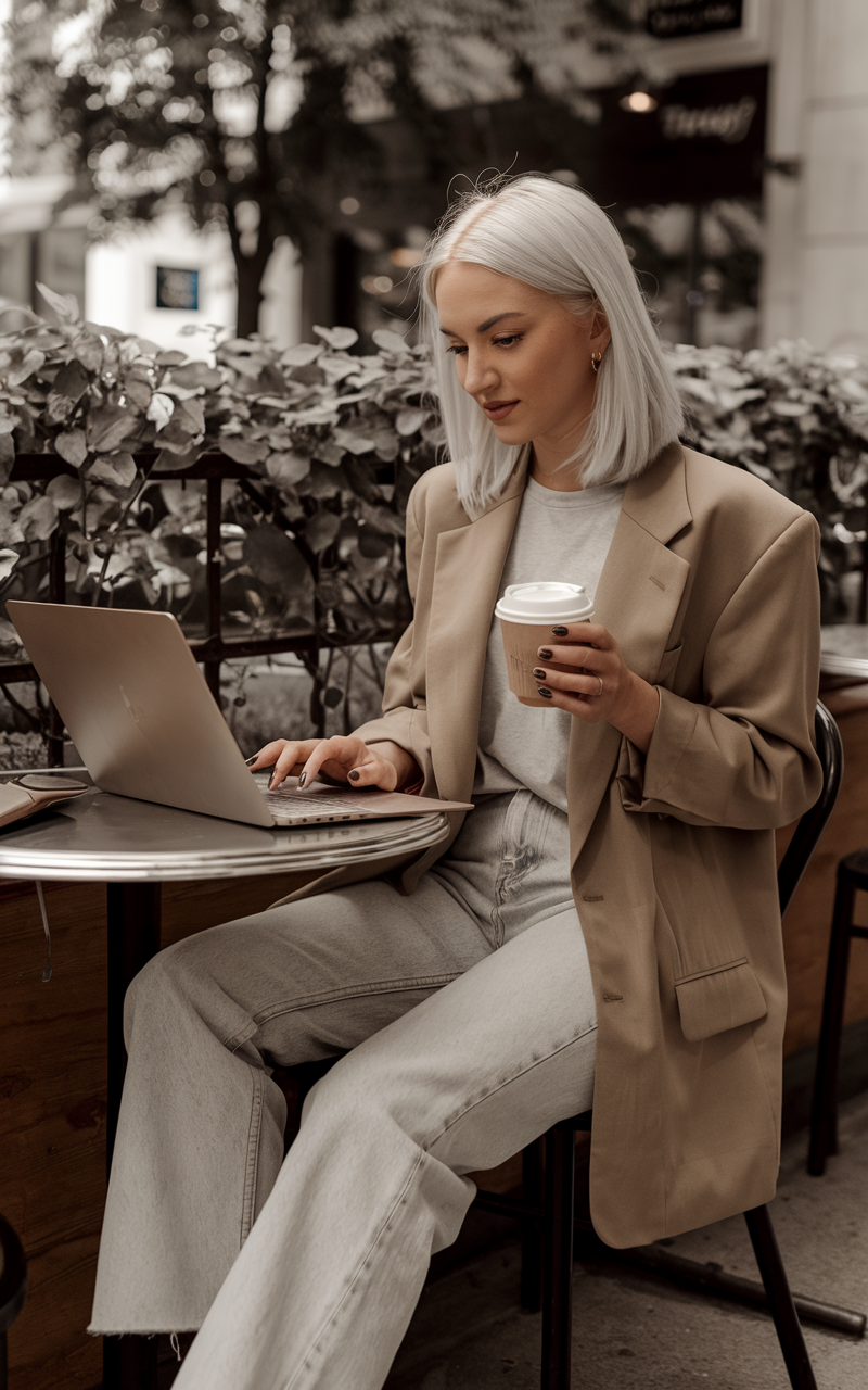 A white-skinned Gen Z woman sitting at a corner café table, wearing a soft grey tee, oversized tan blazer, and light-wash straight jeans, typing on a vintage laptop with coffee in hand.