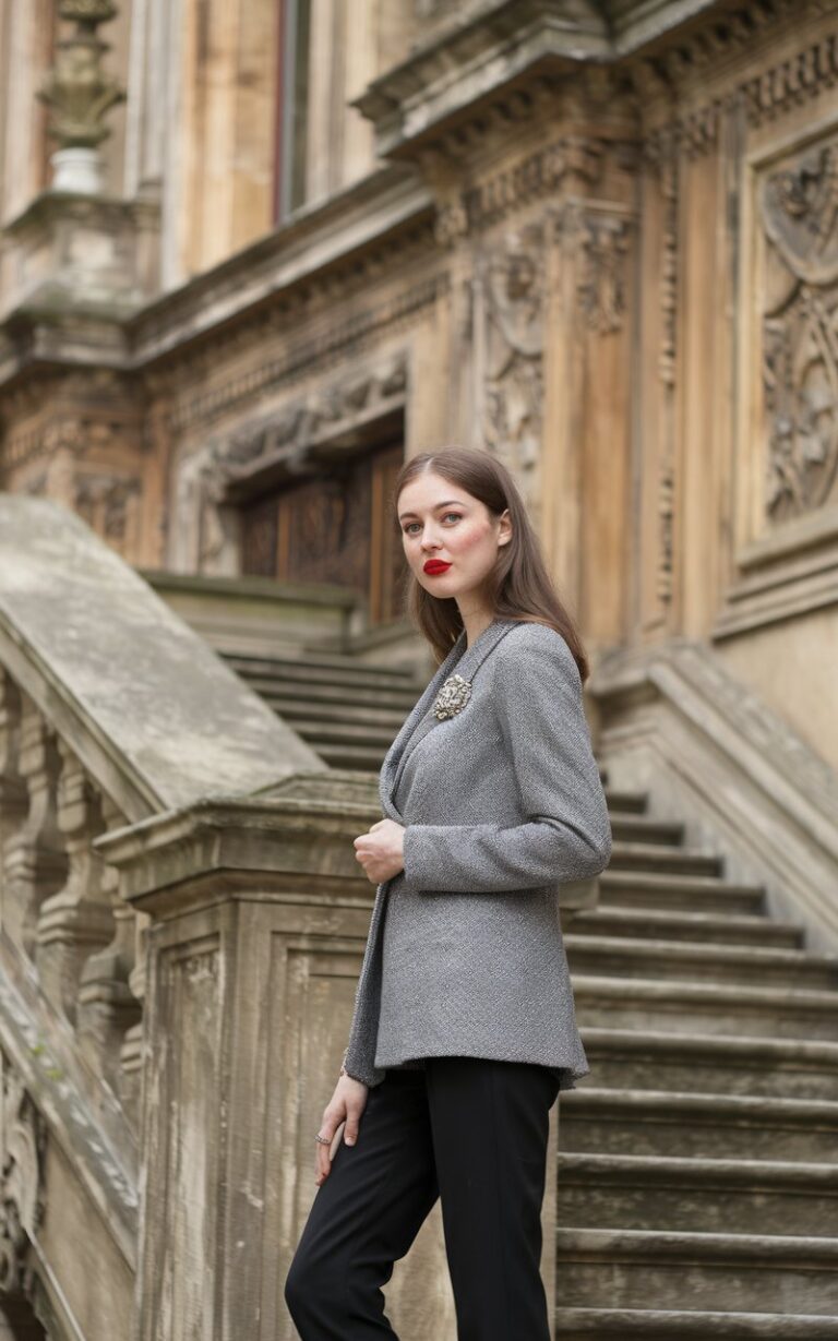 A white-skinned brunette with red lipstick on a stone staircase of a historic European building, wearing a grey tweed blazer and slim black cigarette pants, vintage brooch on lapel.