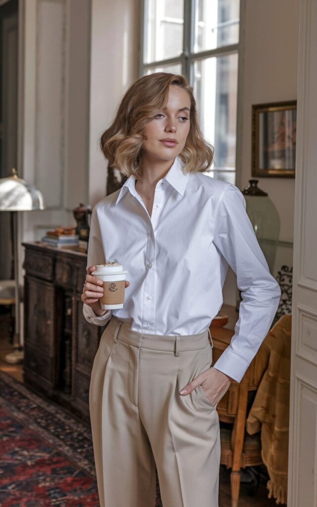 A white-skinned woman with soft waves, standing in a sunlit Parisian apartment with vintage decor, wearing a crisp white button-down tucked into tailored beige trousers, holding a cappuccino.
