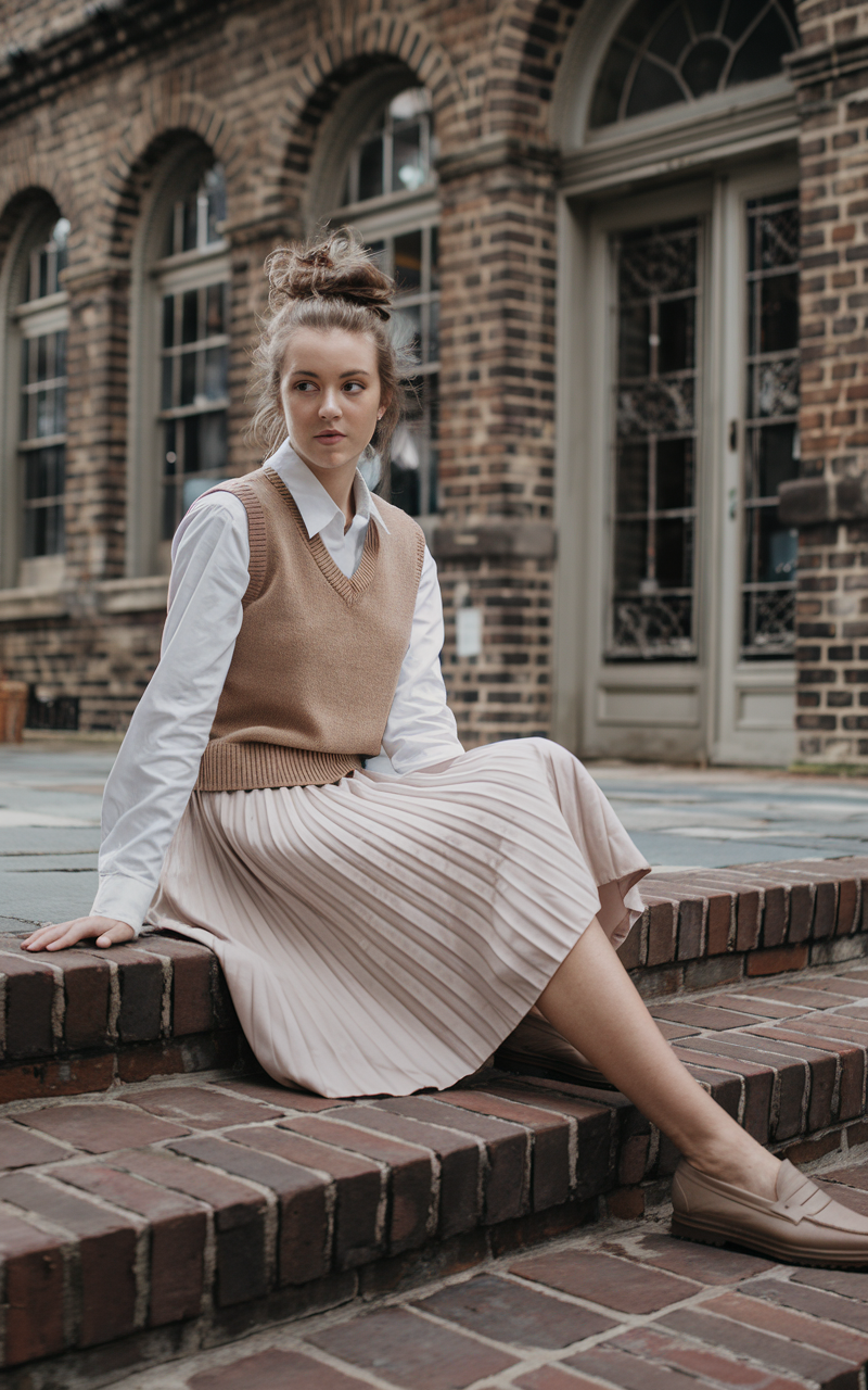 A white-skinned young woman with a messy bun sitting on the steps of a vintage brick library, wearing a tan knit vest over a crisp white shirt, paired with a pleated A-line skirt and loafers.