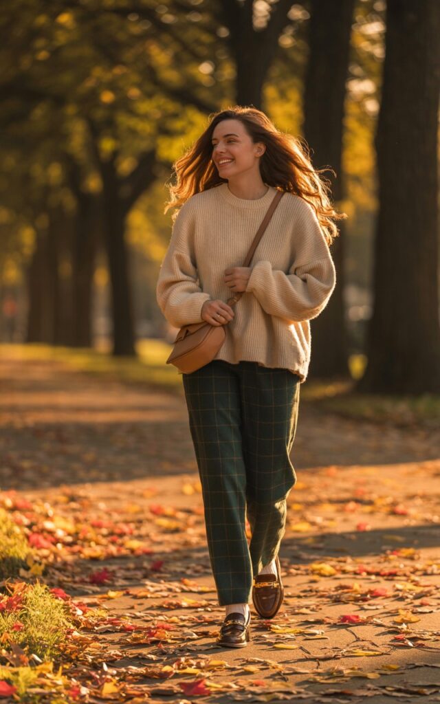 Autumn outdoor park with fallen leaves. Brunette with curly hair wears a thrifted oversized knit sweater tucked loosely into plaid trousers, accessorized with loafers and a crossbody bag. She walks down a tree-lined path, natural smile, cozy vibes.