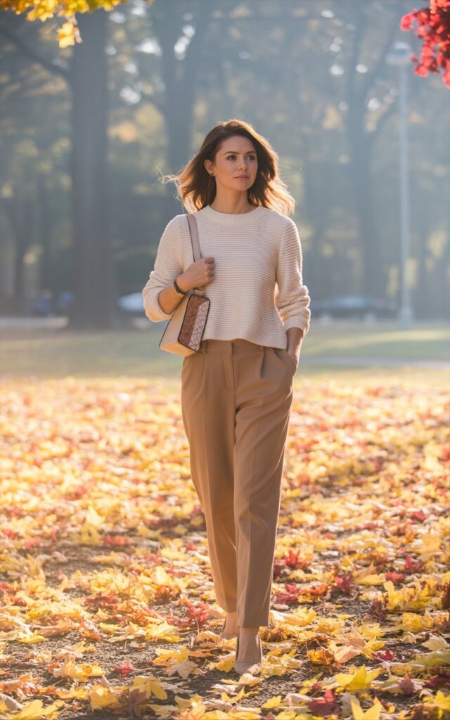 Autumn park background with scattered leaves, soft daylight. Model wears a textured cream knit sweater tucked into tailored camel trousers, paired with pointed nude flats. Minimal accessories, structured crossbody bag. Pose walking lightly, sweater sleeves slightly pushed up. Her hair flows loosely, soft makeup, expression warm and approachable.