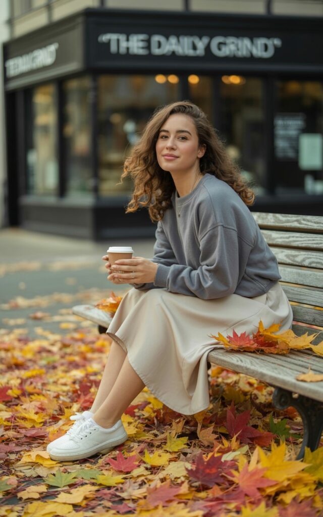 Autumn sidewalk scene with fallen leaves. Model wears a soft grey crewneck sweater tucked loosely into a cream slip skirt, paired with white sneakers. Hair down, natural wave. Pose sitting on outdoor bench with coffee cup in hand, smiling casually.