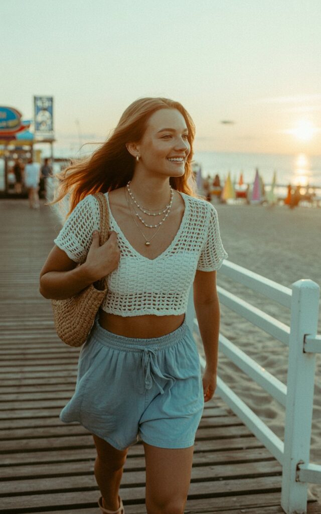 Beach boardwalk scene in golden hour. The model wears a white crochet crop top with light blue high-waisted shorts, flat sandals, and layered necklaces. Windswept hair, natural smile, holding a straw bag.