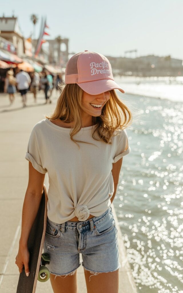 California beach boardwalk, model in a pastel trucker hat, white baby tee, and distressed jean shorts, skateboard in hand, sunny, carefree, golden light bouncing off ocean waves.