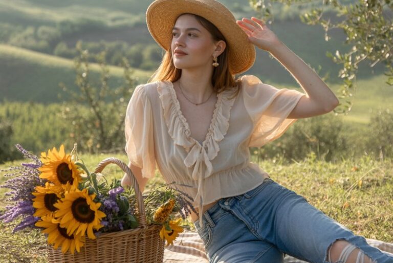Charming Tuscan countryside picnic scene, model in a cream ruffled blouse and distressed capri jeans, straw hat and basket of fresh flowers, late afternoon sunlight filtering through olive trees.