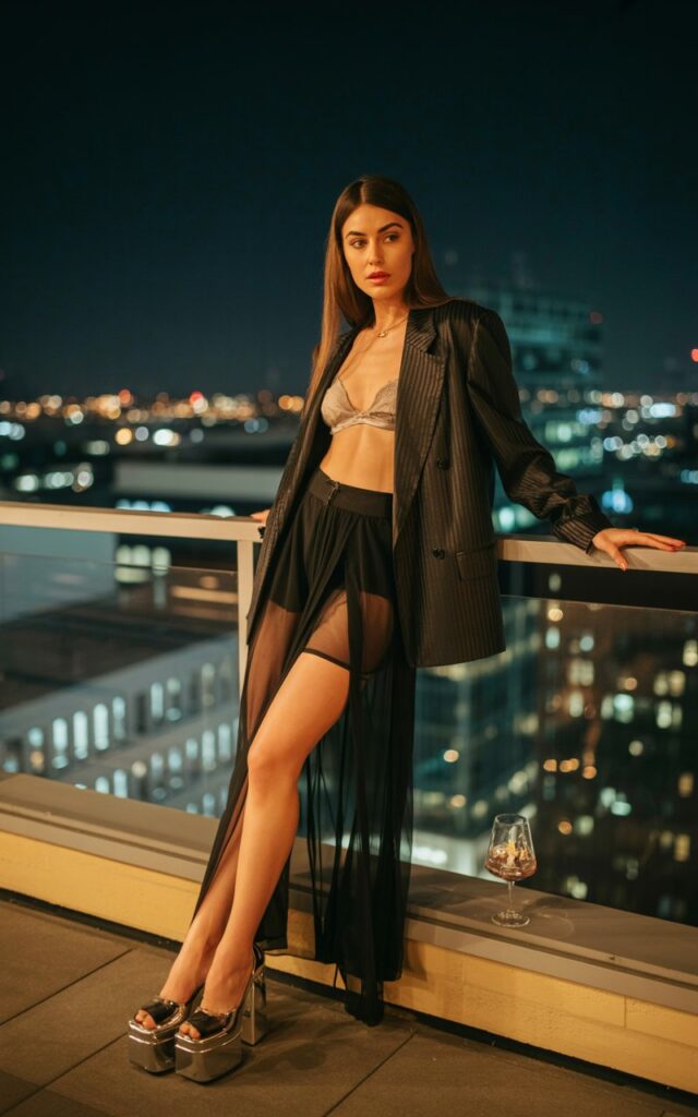 Chic rooftop lounge at night. Tall brunette with sleek straight hair wears a black sheer maxi skirt over shorts, paired with a bralette and oversized tailored blazer. Platform heels add height. She stands near the railing, city lights glowing behind her, gaze confident and mysterious.