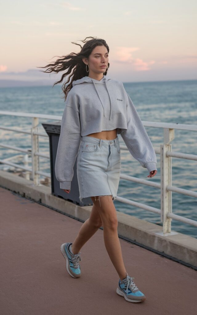 Coastal boardwalk scene in Monaco, wind in the model’s hair, wearing a pale gray cropped hoodie with a light-wash denim mini skirt, hoop earrings, and retro sneakers, soft ocean breeze with pastel sunset tones.