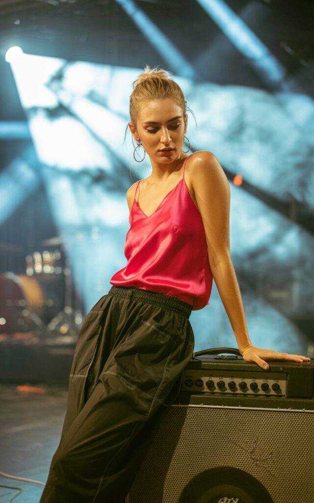 Concert stage rehearsal scene, model in a hot pink silk camisole and black parachute pants, hair in messy bun, spotlight beams cutting through smoky air, powerful yet casual vibe.