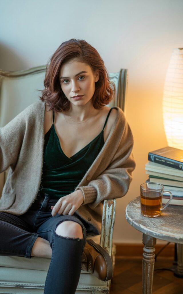 Cozy indoor setting with warm lighting. Model with chestnut brown hair styled in loose waves wears a deep green velvet cami, oversized beige cardigan, ripped black jeans, and Doc Martens. She sits on a vintage armchair with one leg tucked up, relaxed expression, natural editorial vibe.