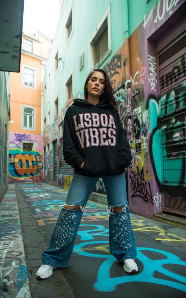 Edgy street art alley in Lisbon, model in an oversized graphic hoodie and bootcut jeans with rhinestone embellishments, chunky sneakers, graffiti walls as colorful backdrop, diffused cloudy daylight.