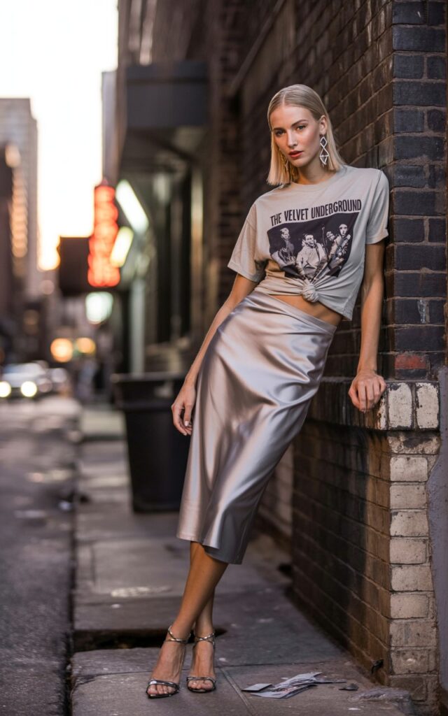 Editorial-style image of a tall model with straight blonde hair, wearing a silver satin midi skirt, tucked vintage band graphic tee, and strappy black heels. Setting is a brick-wall alleyway with neon signs just turning on at dusk (golden hour glow). She’s leaning casually against the wall, knotting her tee at the waist, with a confident smirk and bold earrings catching the light.