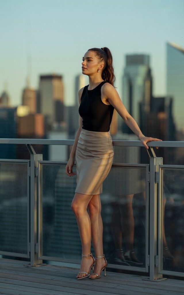 Elegant editorial of a brunette with sleek ponytail, wearing a fitted black bodysuit tucked into a high-waisted beige skirt, with strappy nude heels. Background modern rooftop terrace overlooking a city skyline at sunset. She’s standing tall at the railing, arms relaxed, with a confident and graceful gaze.