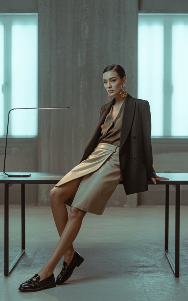 Fashion-forward editorial shot of a sleek dark-haired model with sharp cheekbones, styled in a beige wrap skirt, oversized black blazer, black loafers, and statement gold earrings. Location minimalist office interior with concrete walls under soft window light. She sits confidently on a desk edge, legs crossed, gazing directly at the camera with quiet authority.