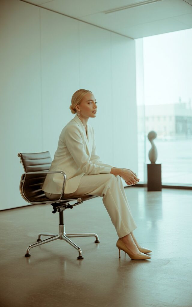 Full-body of a blonde woman in a cream monochrome pantsuit with tailored fit, nude pumps. Hair in a polished low bun. Shot in a minimalist modern office interior with warm indoor light. Model seated on a sleek chair, crossing her legs with a soft smile.