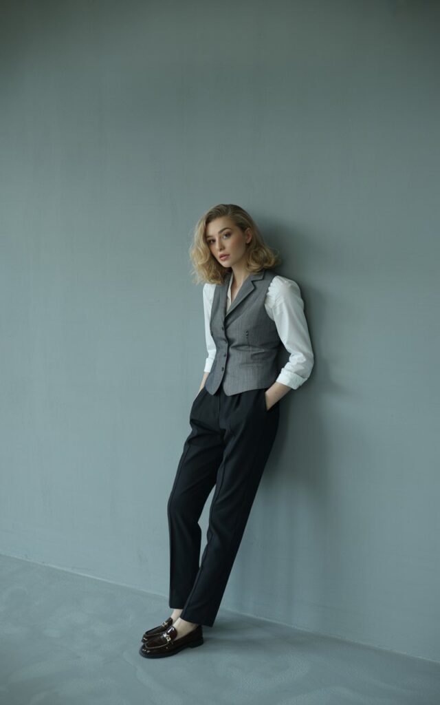 Full-body of a chic woman in a gray tailored vest layered over a crisp white shirt, slim trousers, loafers. Minimal makeup, wavy shoulder-length hair. Shot in a studio with soft gray background and diffused lighting. Model leaning casually with hands in pockets, relaxed expression.
