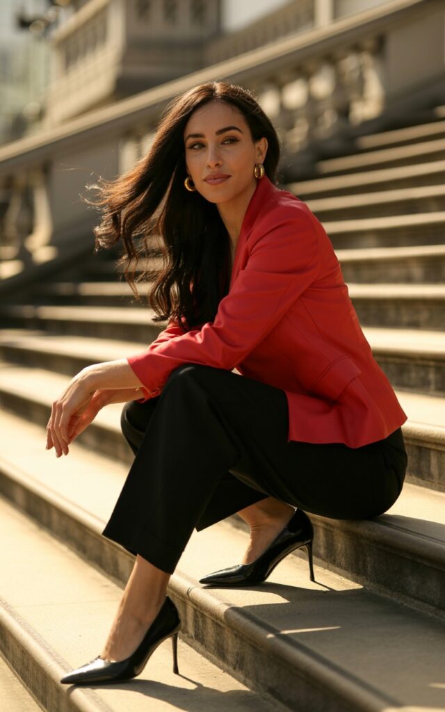 Full-body of a fit brunette in a vibrant red blazer and black trousers, black stiletto pumps. Simple gold hoop earrings. Shot outdoors at golden hour on city steps. Wind blowing her hair naturally as she looks away with a confident half-smile.