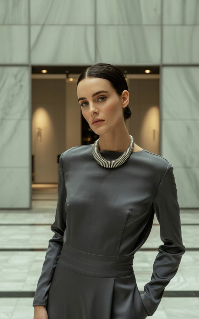 Full-body of a sharp-featured woman in a charcoal gray column dress, bold chunky necklace, sleek pumps. Shot indoors in a high-end boutique lobby with soft spotlights. Hair slicked back in low bun. Model standing still, poised and elegant.
