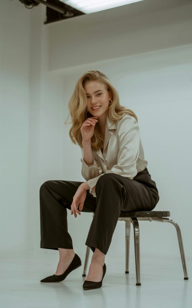 Full-body of a slim blonde in a cream blouse and black trousers with chic pointed flats. Shot in a minimal indoor studio with clean white walls. Hair in loose waves. Model seated casually on stool, candid smile.