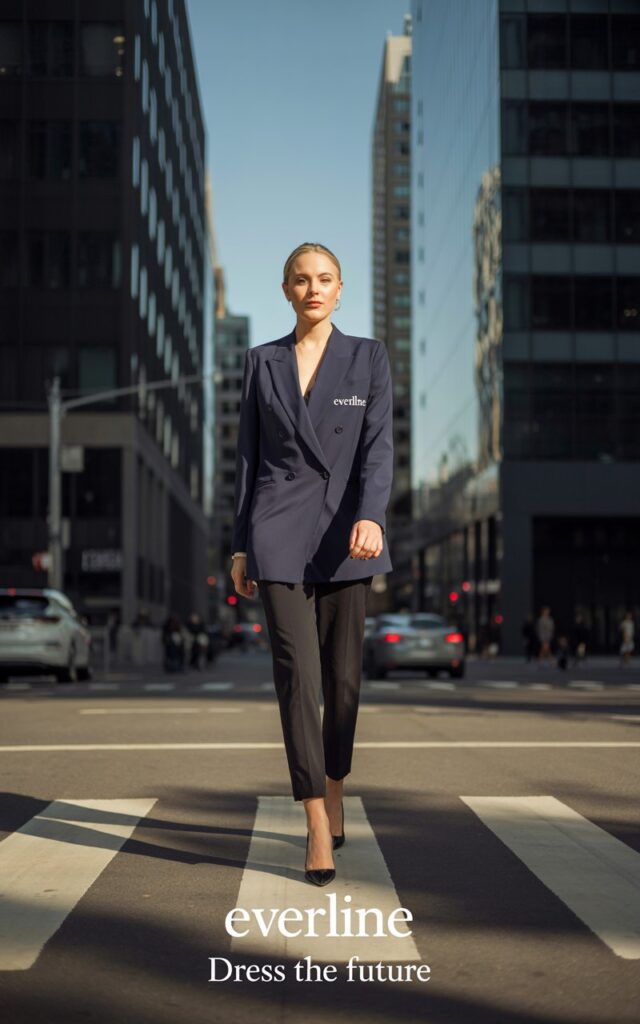 Full-body of a tall white-skinned woman in a navy double-breasted blazer and slim black cigarette pants, pointed heels. Styled with sleek hair tucked behind ears, minimal jewelry. Shot on an urban street corner with glass buildings in the background. Natural daylight, soft shadows. Model walking forward confidently with a poised smile.