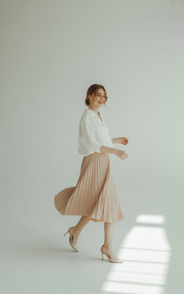 Full-body of a white-skinned woman in a blush pleated skirt and crisp white minimalist shirt, nude heels. Shot in a bright studio with white backdrop. Hair in low bun, natural makeup. Model spinning slightly for motion, playful smile.