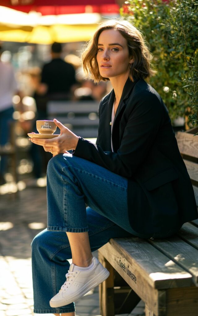 Full-body of a white-skinned woman in dark blue straight-leg jeans with a fitted black blazer, white sneakers. Shot in an urban café patio with daylight. Hair styled effortlessly loose. Model seated casually on bench, coffee cup in hand.