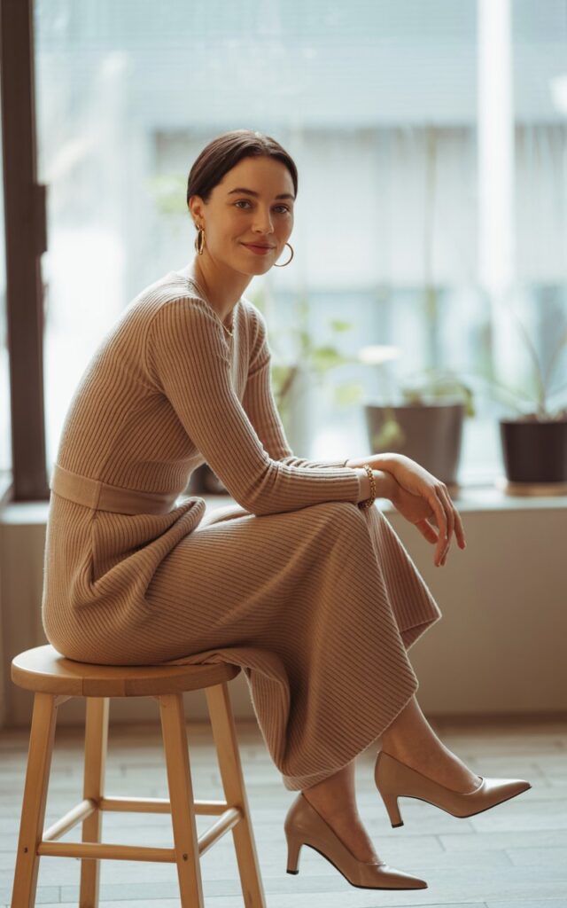 Full-body of a woman in a camel-colored ribbed knit midi dress, nude structured pumps. Minimal gold jewelry. Shot indoors near a large window with soft daylight. Model seated on a stool, crossing her ankles, natural smile.