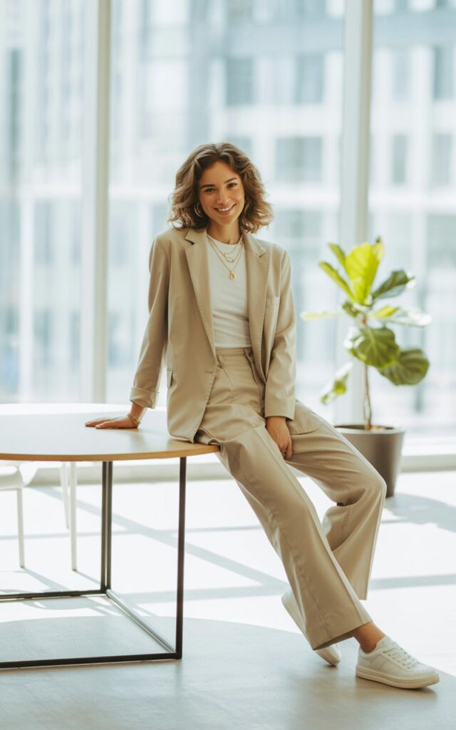 Full-body shot in a bright modern loft with large windows and soft natural light. The model wears a beige tailored suit with a tucked-in white tee, layered gold necklaces, and white sneakers. Hair styled in effortless waves. She leans casually against a table, relaxed and cool, smiling at the camera.