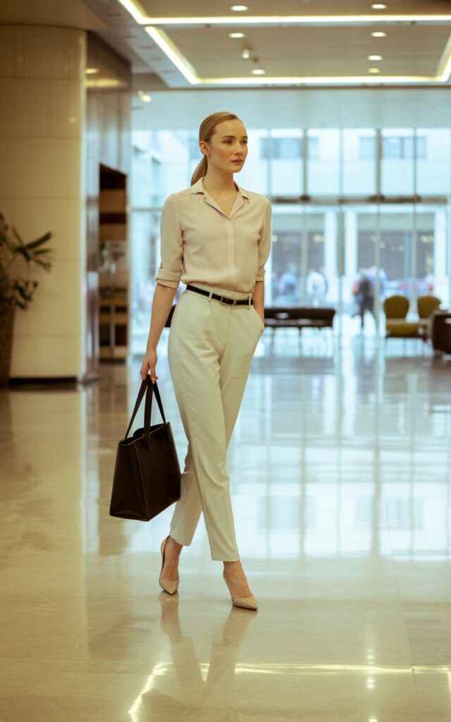 Full-body shot in a chic office lobby with marble floors. The model wears cream high-waisted slacks with a belted blouse tucked in and nude pointed heels. Hair in a sleek low ponytail. She poses mid-step, holding a structured leather bag, looking straight at the camera.