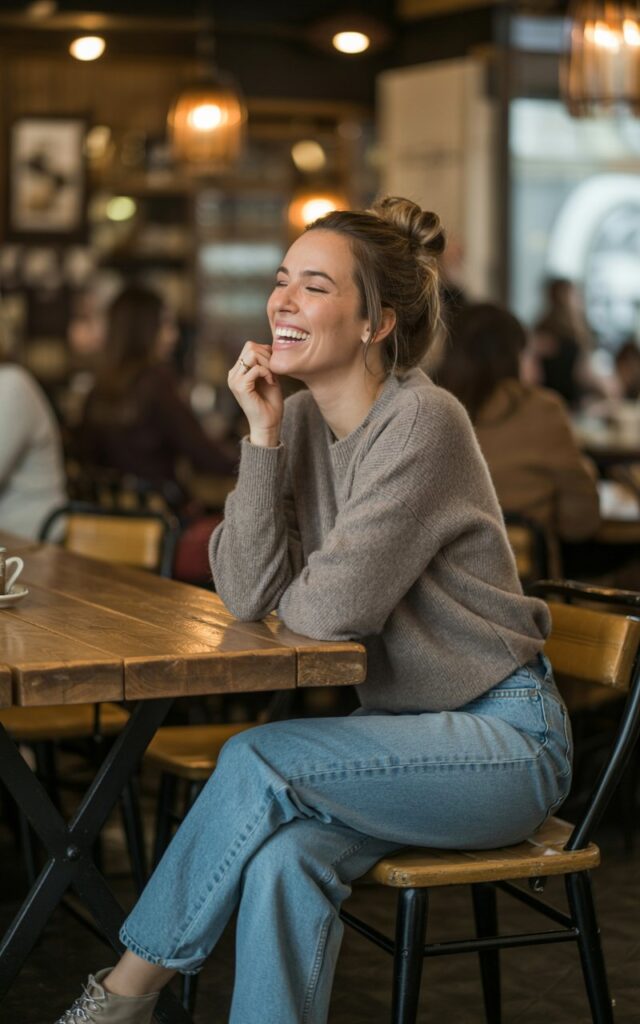 Full-body shot in a cozy coffee shop with warm indoor lighting. The model wears straight-leg medium-wash jeans with a gray cashmere sweater tucked in at the front, and ankle boots. Her hair is styled in a soft messy bun. She sits at a wooden table with one leg crossed, laughing mid-conversation.