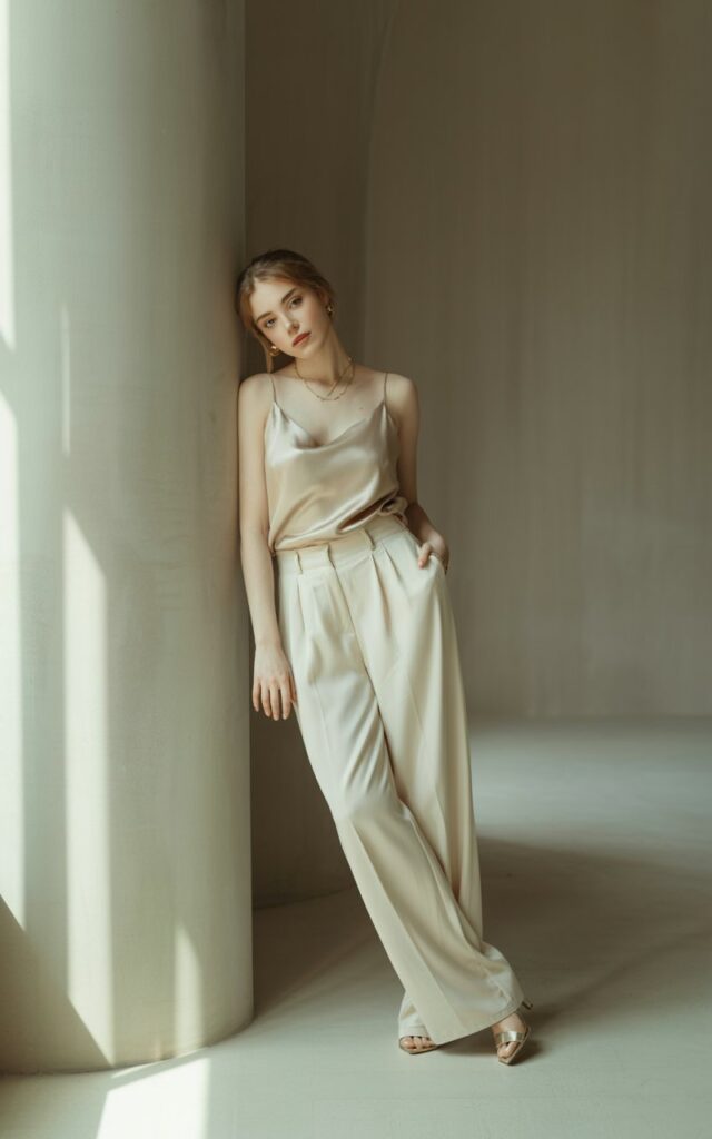 Full-body shot in a minimalist studio with soft natural window light. The model wears high-waisted ivory wide-leg trousers with a champagne satin camisole tucked in. She pairs the look with delicate heels and gold jewelry. Hair styled in a soft, effortless bun. She leans slightly against a wall, graceful expression.