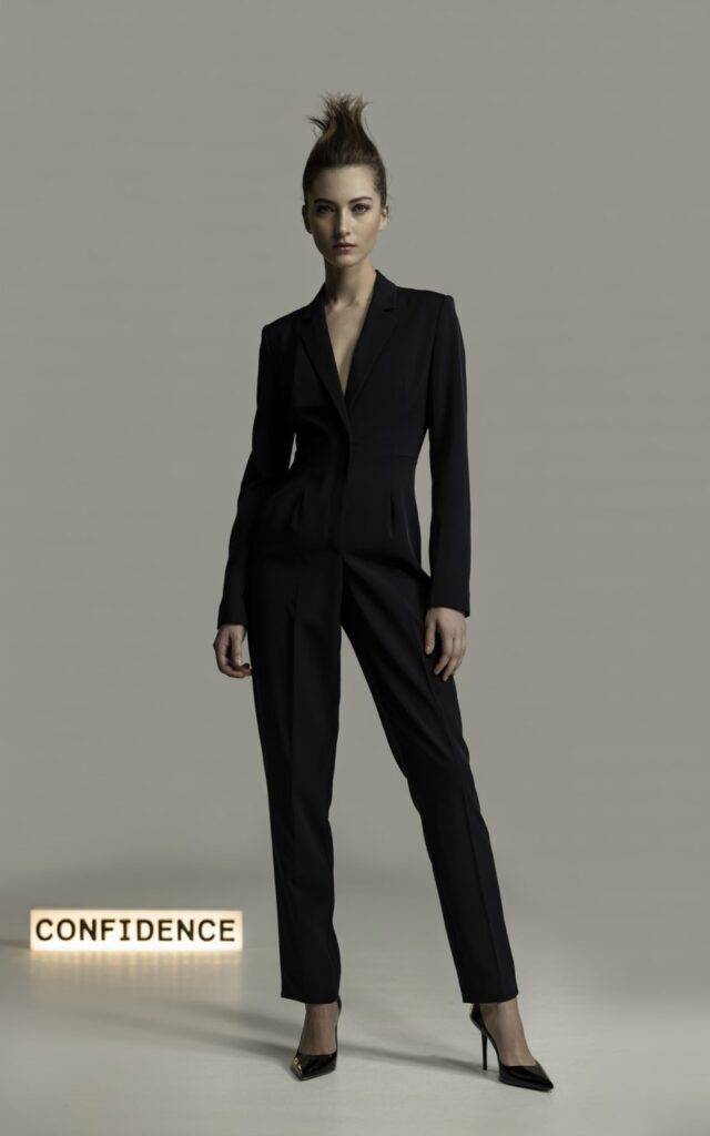 Full-body shot in a modern indoor studio with soft directional lighting. The model wears a tailored black jumpsuit cinched at the waist with stiletto heels. Her hair is slicked back into a high ponytail. She stands tall, arms at her sides, projecting power and elegance.
