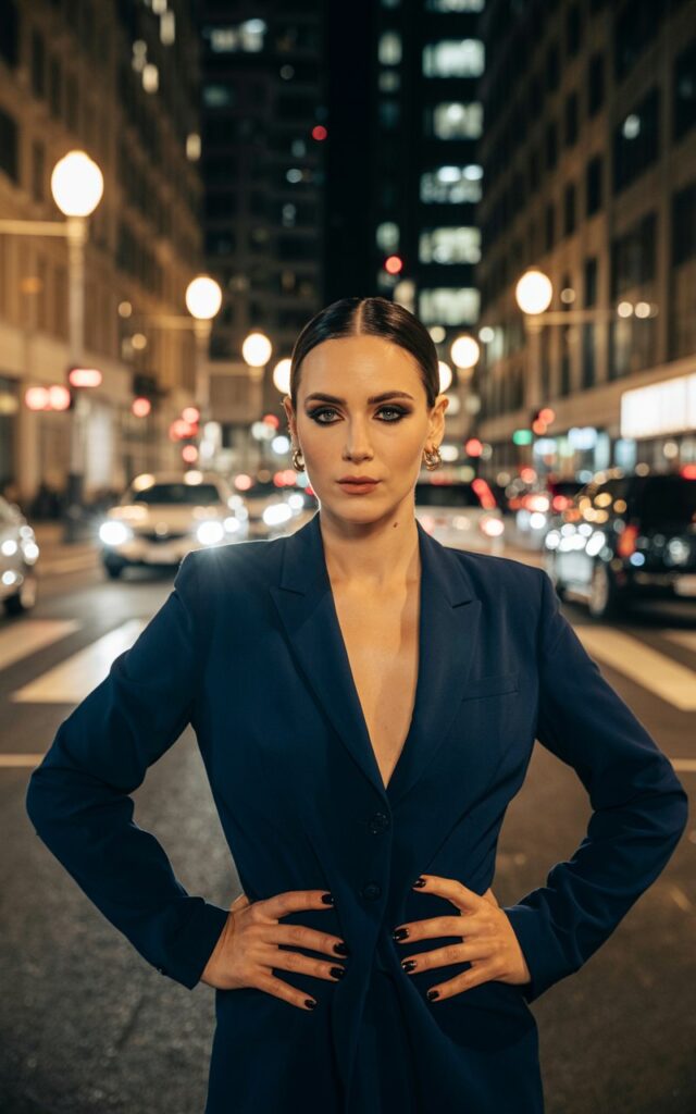 Full-body shot in a nighttime city setting with glowing streetlights. The model wears a tailored blazer dress in deep navy with pointed-toe black pumps. Hair slicked back, smoky eye makeup. She stands confidently in the middle of the street, hands on hips, commanding presence.
