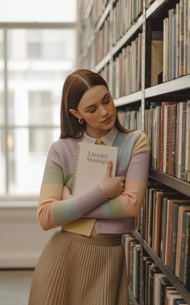 Full-body shot of a brunette with sleek straight hair in a beige pleated midi skirt, pastel fitted cardigan buttoned up, and ballet flats. The backdrop is a quiet library corner with soft window light streaming in. She’s standing by a tall bookshelf, head slightly tilted, holding a notebook close to her chest, giving off studious charm.