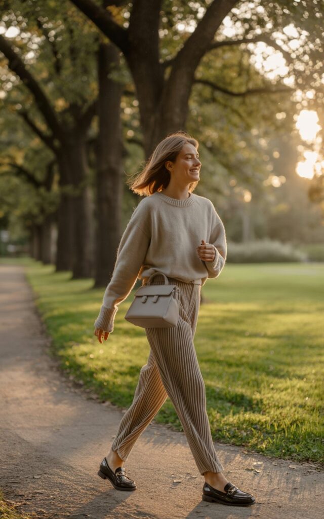 Full-body shot of a model walking in a quiet park at golden hour. She wears a soft beige knit sweater tucked into high-waisted pleated trousers and leather loafers. A small leather satchel hangs at her side. Her hair is shoulder-length and natural, and she’s smiling casually while walking.