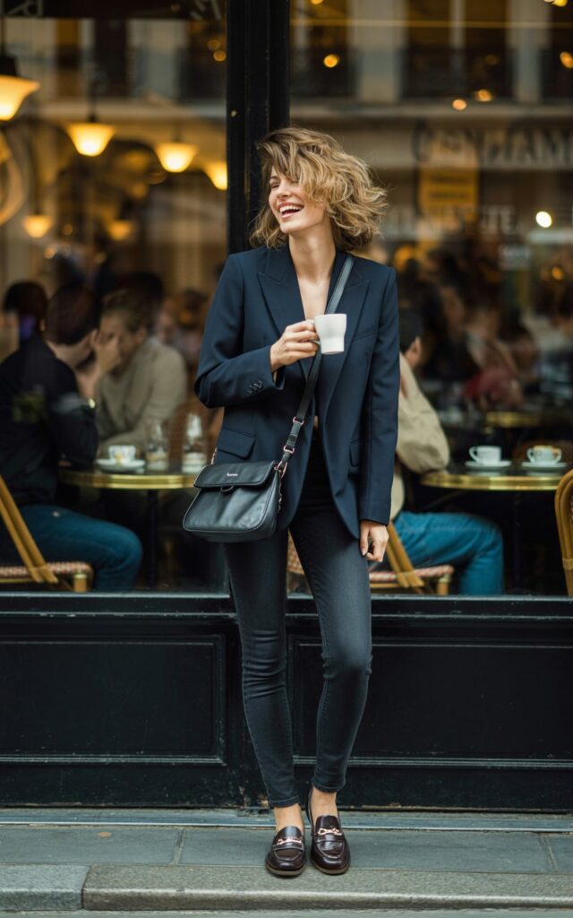 Full-body shot of a model with tousled waves, standing in front of a trendy café. She wears dark skinny jeans, a tailored navy blazer, loafers, and a crossbody bag. The lighting is soft indoor light spilling from café windows. She’s mid-laugh, holding a coffee cup.