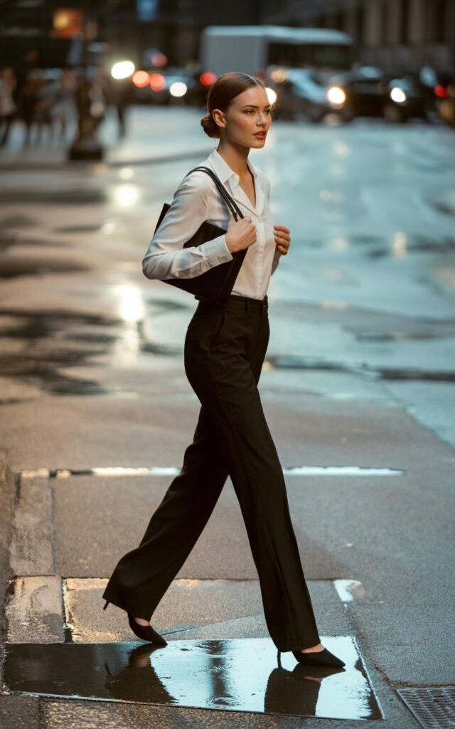 Full-body shot of a white-skinned female model with sharp features, sleek low bun, and minimal makeup, standing on a modern city street at golden hour. She wears a crisp white button-up tucked into tailored black trousers with pointed black heels. A structured tote hangs from her arm. She poses mid-step, looking confidently forward with strong posture.