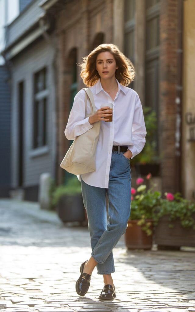 Full-body shot of a white-skinned female model with sharp features, wearing a crisp oversized white button-down half-tucked into vintage blue straight-leg jeans, styled with leather loafers and a structured tote bag. She stands casually on a cobblestone city street, one hand in her pocket, the other holding iced coffee. Natural daylight, slightly overcast. Her hair flows naturally in soft waves, makeup minimal with a fresh glow, expression confident yet relaxed.
