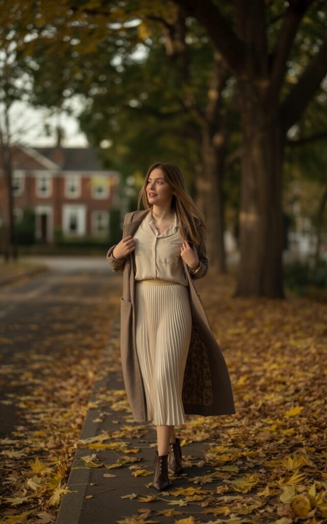 Full-body shot on a quiet residential street with autumn leaves. The model wears a cream blouse tucked into a pleated midi skirt, with a longline cardigan draped over and ankle boots. Hair is long and straight, slightly windblown. She stands mid-step, one hand lightly brushing the cardigan.